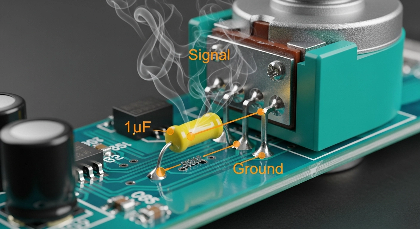 Macro diagram showing 1uF capacitor soldered to joystick potentiometer